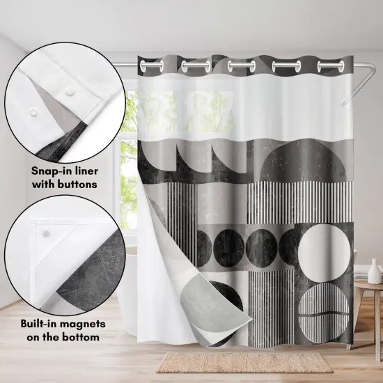 Americanflat 72x75 Hookless Shower Curtain - Abstract Shower Black Grey Curtain with Sheer Panel, Snap-In Liner, and Grommets {4}