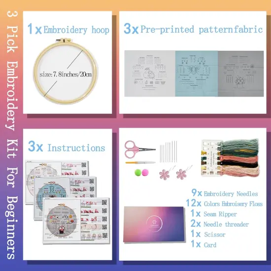 mbroidery Kit for Beginners Adults Cross Stitch Starter Kit Needle Point Supplies 33 Basic Stitches in 3 Set, DIY Craft Lover Starter Hand Stitch (Flower) {2}