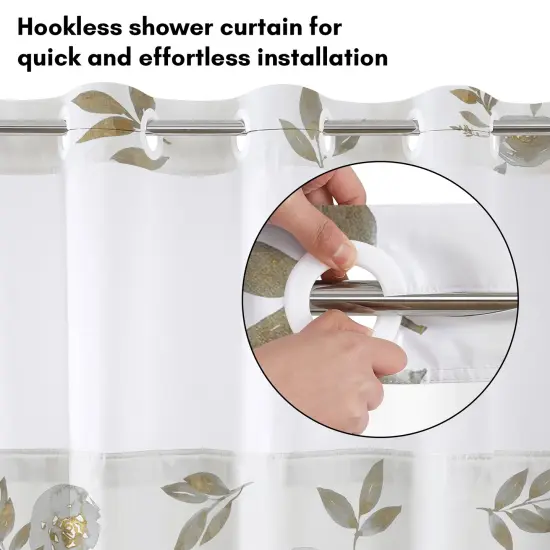 Americanflat 72x75 Hookless Shower Curtain - Floral Gold Grey Shower Curtain with Sheer Panel, Snap-In Liner, and Grommets - 100% Polyester {3}