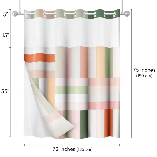 Americanflat 72x75 Hookless Shower Curtain - Abstract Pink Green Orange Shower Curtain with Sheer Panel, Snap-In Liner, and Grommets - 100% Polyester {2}