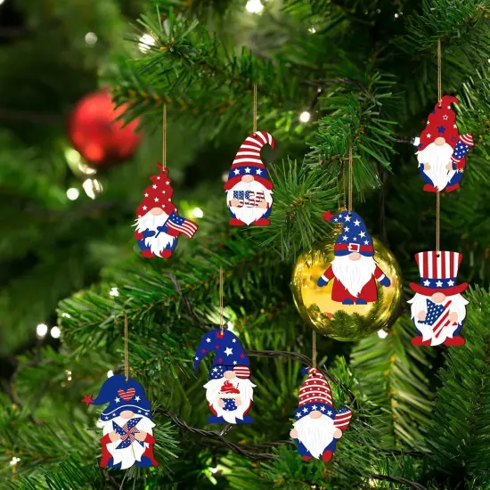 4th of July Gnome Ornaments Independence Day Hanging Decorations Patriotic Tree Decor Wooden Red White and Blue Wooden Gnome Hanging Decoration for Independence Memorial Day Party(24 Pieces) {3}