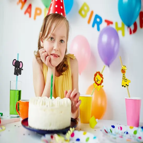 24pcs Reusable Forest Animals Crazy Straws, Drink Cocktail Straws for Lion Fox Zebra Giraffe Safari Birthday Party Supplies Favors, Woodland Party Favors with 2 Cleaning Brushes 6 Colors {3}