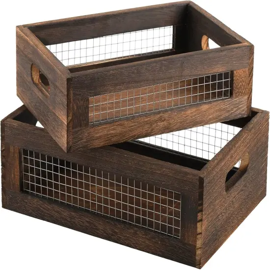 Set of 2 Rustic Nesting Boxes, Wooden Organizer Crates Basket {1}