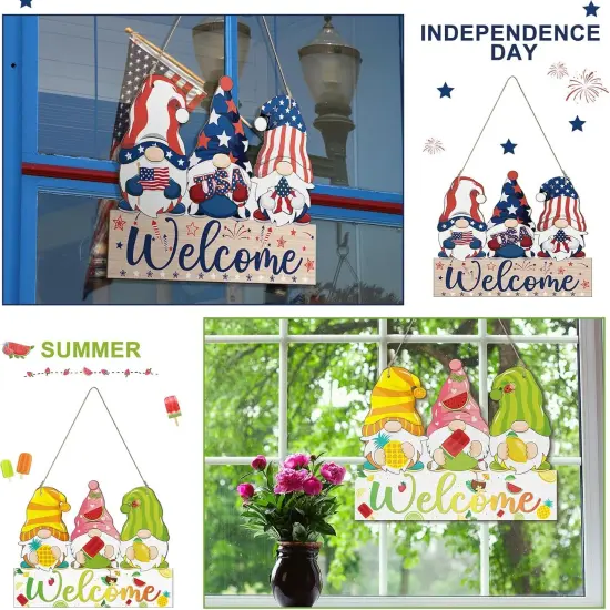 Reversible Summer 4th of July Memorial Day Welcome Door Sign Decor Double Sided Gnome Wooden Hanging Plaque Patriotic Independence Day Door Hanger for Porch Home Wall Outdoor Decoration {2}