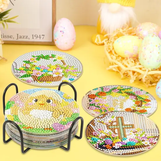 8 Pieces Easter Diamond Art Coasters,Bunnies Diamond Art Coaster for Adults Diamond Kits Supplies for Spring Easter Gift {2}