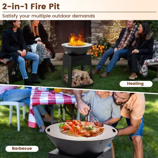 Black Metal Fire Pit with Grill and Ash Drawer and 2-in-1 Heating {6}