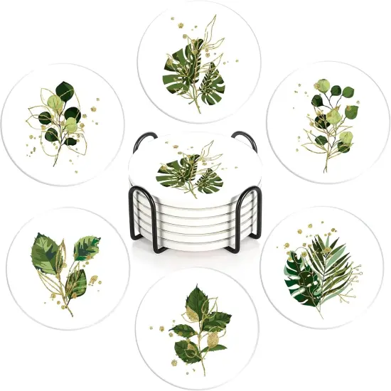 6 Pcs Green Plants Absorbent Ceramic Coasters with Cork Base {1}
