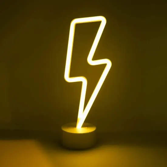 Summer LED Neon Yellow Lightning Bolt Tabletop Lamp &ndash; Battery Powered Night Light with White Base for Bedroom, Party, and Room D&eacute;cor {1}