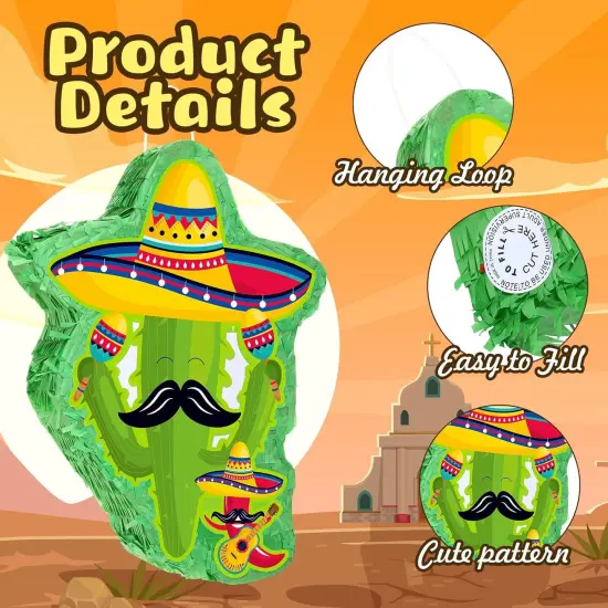 Mexico Cactus Pi&ntilde;ata 16x12x3 Inch Cactus Pi&ntilde;ata with Stick Blindfold and Confetti Pepper Pi&ntilde;ata with Mexico Hat Cinco De Mayo Fiesta Red Chili Pi&ntilde;ata for Party Game {4}