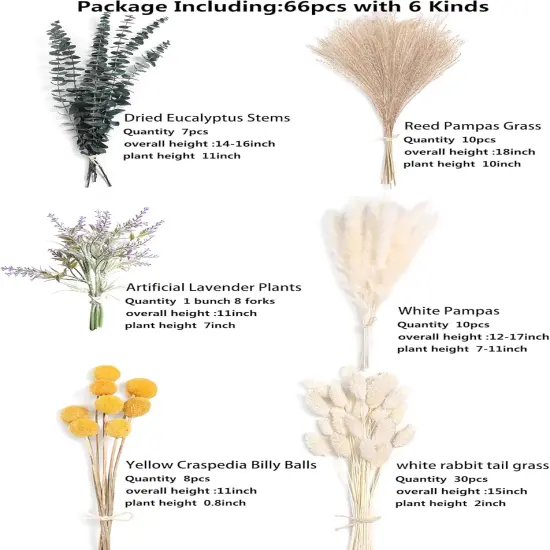 Flora Natural Dried Pampas Eucalyptus Rabbit Tail Grass,(Pack of 66pcs) with 6 Kinds of DIY Bridal Artificial Bouquets Home Decor Wedding Floral Arrangement Table Centerpieces {3}