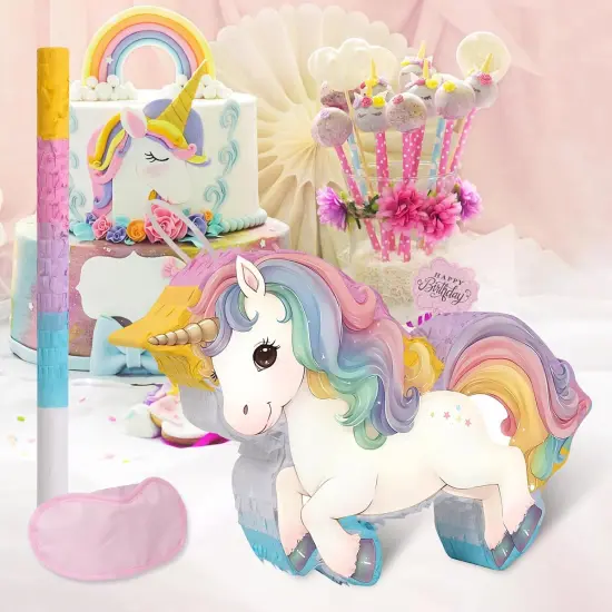 Magical Unicorn Pi&ntilde;ata - Small Unicorn Pi&ntilde;ata with Blindfold and Bat for Girls Kids Rainbow Unicorn Themed Birthday Party Games Decorations {4}