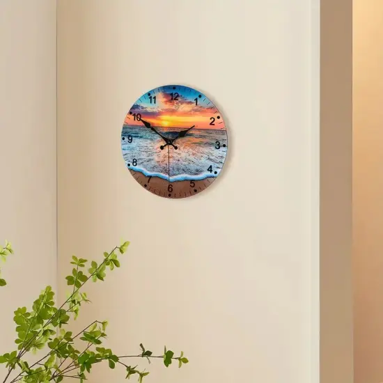 12-Inch Beach-Themed Blue Glass Wall Clock &ndash; Frameless Silent Battery Operated, Tempered Glass Design with Analog Display (1x AA Battery Required) {5}