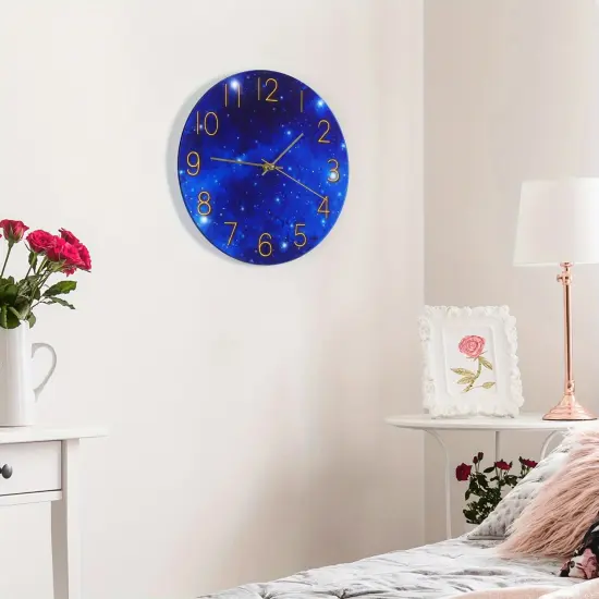 12-Inch Blue Glass Galaxy Wall Clock for Bedroom, Living Room, Office &ndash; Frameless Silent Battery Operated Round Clock with Tempered Glass (Requires 1x AA Battery) {5}