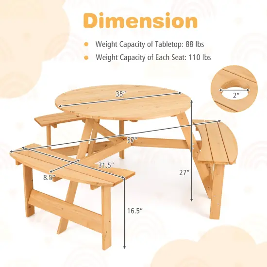 Natural Fir Wood Round Kids Picnic Table Set with Benches and Umbrella Hole {5}