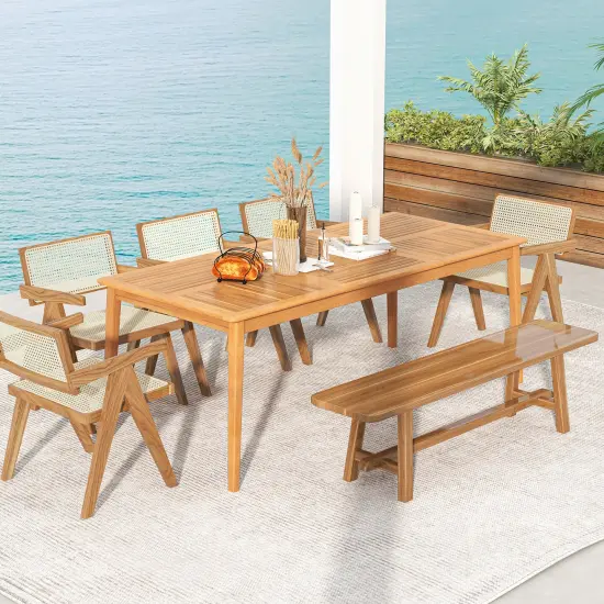 Natural Acacia Wood 8-Person Patio Rectangular Dining Table with Umbrella Hole {3}