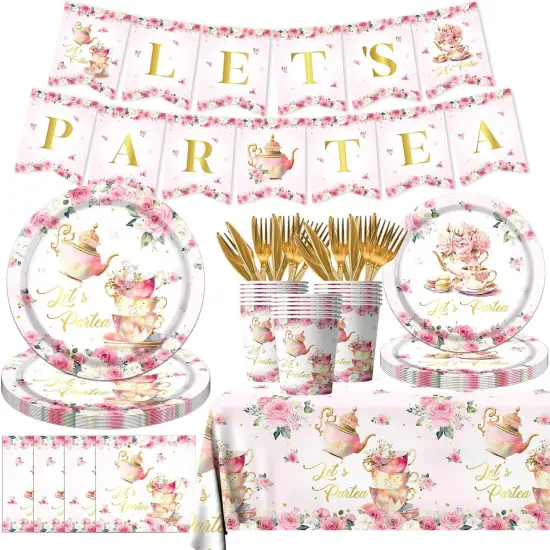 Girls Tea Party Birthday Supplies,Pink Floral Let&rsquo;s Partea Tableware Sets Include Tea Party Paper Plates and Napkins for Par Tea Baby Shower,Spring Wedding Birthday Party Decorations {1}