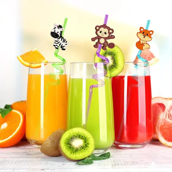24PCS Jungle Animal Drinking Straws Reusable for Kids Forest Animal Theme Birthday Party Favors Supplies Decorations with 2 PCS Cleaning Brushes (Safari Jungle Animal) {4}