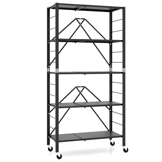 Black Metal Foldable Storage Shelf and Adjustable 5-Tier Shelves with Wheels {1}