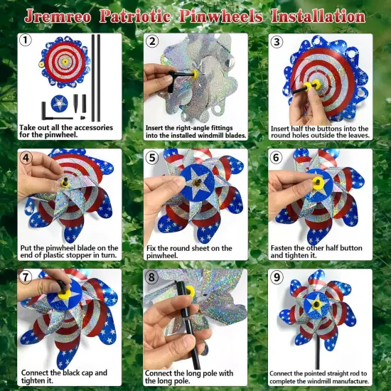 10 Pieces 21 Inches Patriotic Reflective Pinwheels with Stakes, American Flag Windmill Wind Spinners {3}
