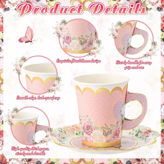 150 Pcs Tea Party Decorations for Tables 9 oz Floral Disposable Paper Tea Cups with Handles Plates Saucers Napkins for Summer Spring Party(Classic Style) {3}