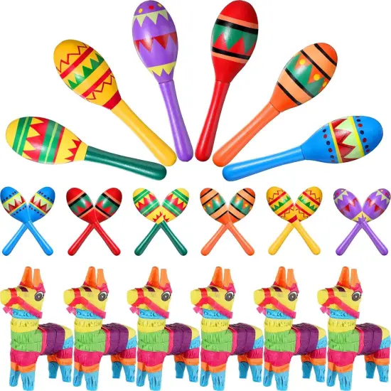 36 Pcs Mexican Fiesta Decor Include 12 Wooden Maracas Bulk 6 Mini Donkey Pi&ntilde;atas Mexican Theme Decorations for Maracas Party Favors Adults Cinco De Mayo Party Props {2}