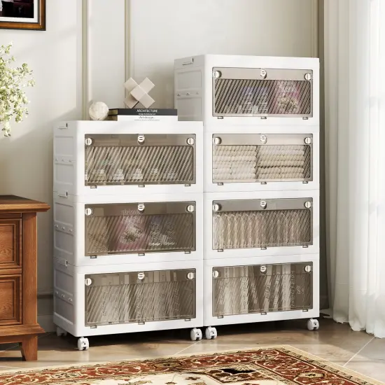 White PP HIPS 4-Tier Stackable Storage Bins and Quick Fold with Rolling Casters {2}