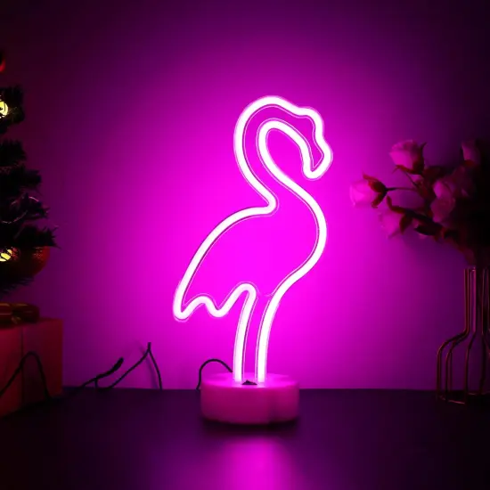 Summer Flamingo Neon Light Sign &ndash; Pink LED Tropical Table Decor with Removable Base for Summer Vibes, Beach Party, and Room Decoration {1}