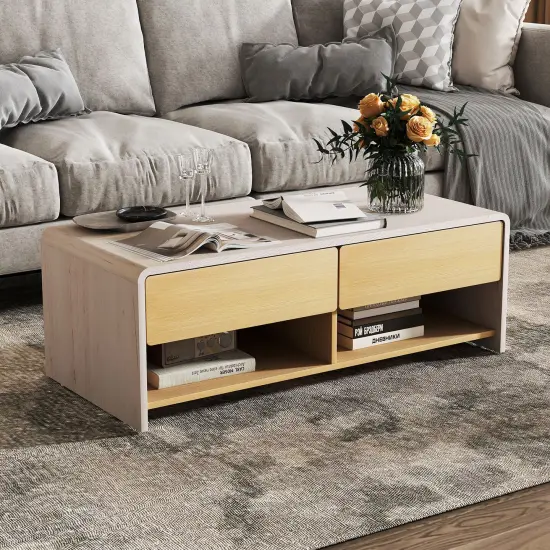 Modern White & Natural Coffee Table with Drawers and Open Storage {6}