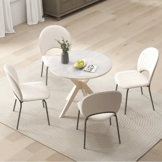 White Rubber Wood Round Dining Table with Faux Marble Top {3}