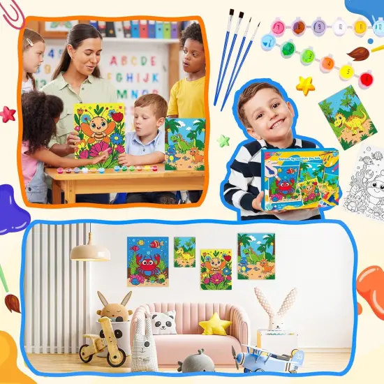 4 Pack Paint by Numbers for Kids, Pre-Drawn Canvas Painting Kit, Includes 12 Paints and 8 Brushes, DIY Painting for Classroom Games Home Wall Decor, Kids' Paint by Number Kits {5}