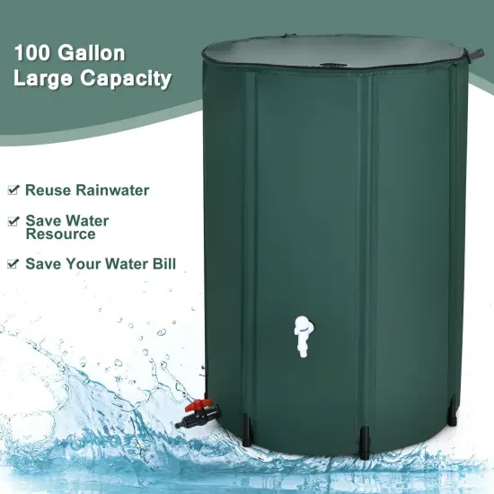 100 Gallon Green Foldable Portable Rain Barrel Water Collector Tank with Spigot Filter and Mesh Top {6}