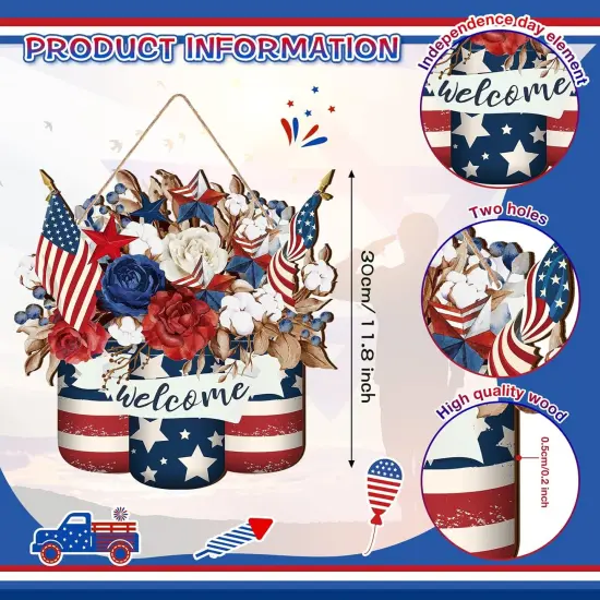 4th of July Decorations Patriotic Door Sign Wooden Memorial Day Wreath Red White Blue American Flag Door Hanger Independence Day Decor for Front Porch Wall Home Outdoor(Stylish) {3}