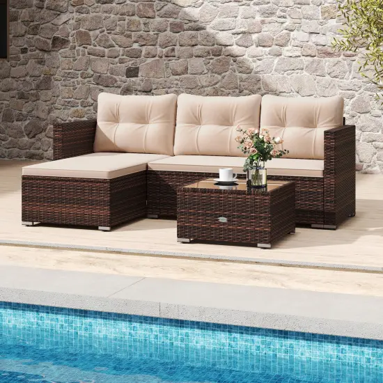 PE Rattan 2-Piece Sectional Sofa Set, Cushioned Seats and Glass Coffee Table {3}