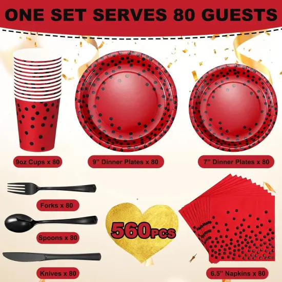 560 Pcs Red and Black Party Supplies for 80 Guests Disposable Tableware Set Red and Black Paper Plates Napkins Cups Black Plastic Forks Knives Spoons for Graduation Birthday Ladybug Party {2}