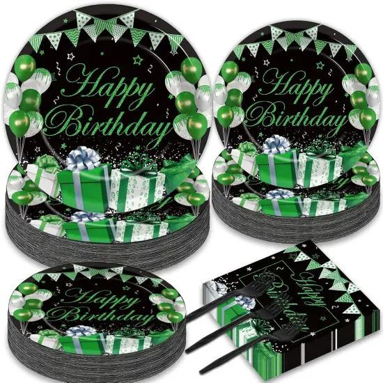 200PCS Green and Black Silver Party Tableware Set Confetti Sprinkles Green Birthday Plates Napkins Forks Table Decors for Men Women, 50 Guests {1}
