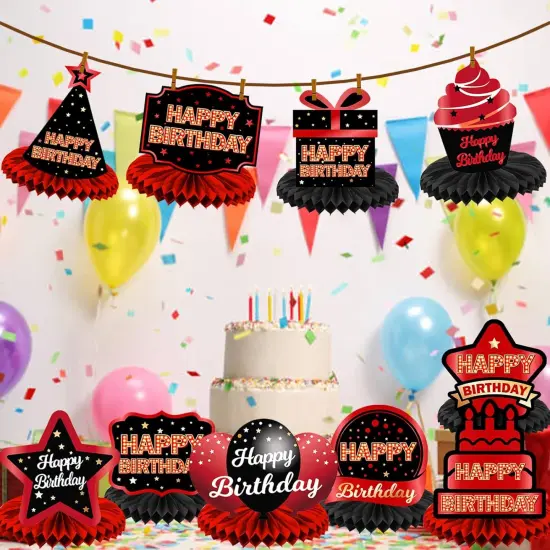 Happy Birthday Red and Black Table Honeycomb Centerpieces Balloons Theme Decor Table Decorations Table Toppers for Girls Women Princess 6th 21st 30th 40th 50th 60th Birthday Party Bday Supplies Gold {4}