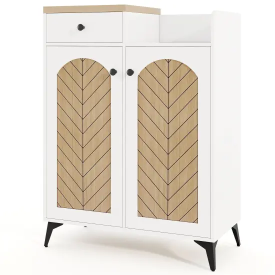 White Wooden 2-Door Shoe Rack Cabinet with 6 Removable Shelves and Side Drawer {1}