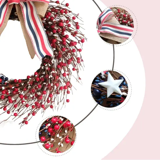 18 Inch Patriotic Red White Blue Berries Wreath for Front Door, 4 of July Memorial Day Independence Day Burlap Bow Wreath for Home Decor, American Flag Day Wreath for Indoor and Outdoor Use {2}
