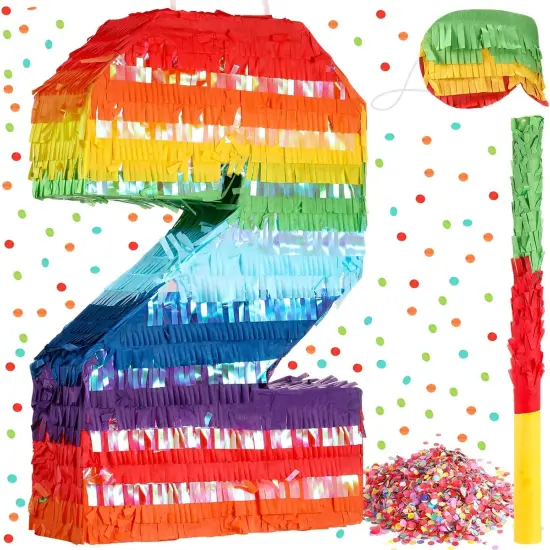 Rainbow Mexican Number 2 Pi&ntilde;ata for Kids with Blindfold Stick and Confetti Birthday Party Decoration Pi&ntilde;ata for Anniversary Cinco de Mayo Fiesta Party Decor(Number 2) {1}
