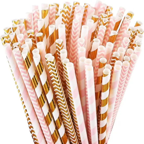 Biodegradable Paper Straws, 100 Pink and Gold Straws for Party Supplies, Birthday, Wedding, Bridal/Baby Shower, Christmas Decorations and Holiday Celebrations {1}
