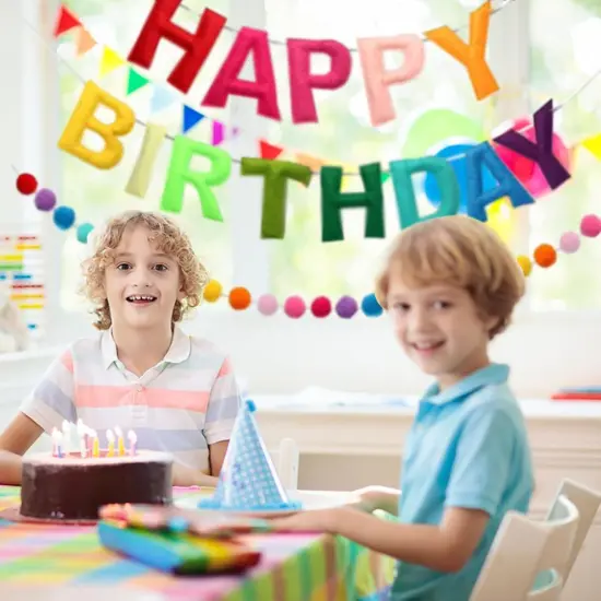 Happy Birthday Banner - Rainbow Color Felt Ball Garland, Personalized Sign {2}
