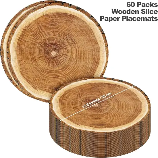 60 Pack 13.8 Inches Wooden Slice Paper Placemats Disposable Rustic Wood Grain Round Table Mats for Vintage Country Wedding Birthday Party Table Setting Decorations {2}