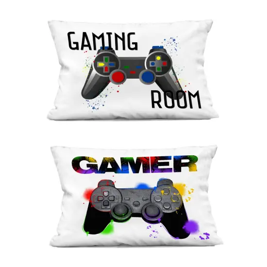 Stupell Industries Modern Gamer Graffiti Phrases 2pc Decorative Printed Pillow Set design by Kim Allen, 14 x 7 x 20 {1}