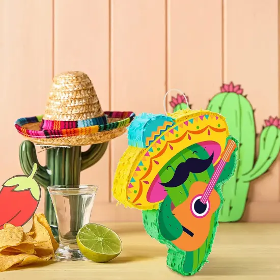 Cactus Pi&ntilde;ata Mini Sombrero Party Hats Mexican Fiesta Decorations with Pi&ntilde;ata Stick Blindfold Confetti Set, 16.1 x 13 x 3 Inch {3}