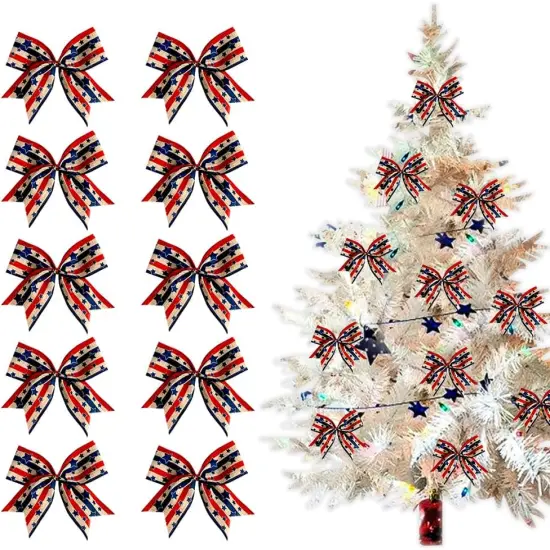 10 Pieces 4th of July Bows for Wreath, Patriotic Wreath Bows Red Blue Natural Burlap Bows American Stars Craft Bows Memorial Day Decorations Tree Bows for Front Door Supplies {1}