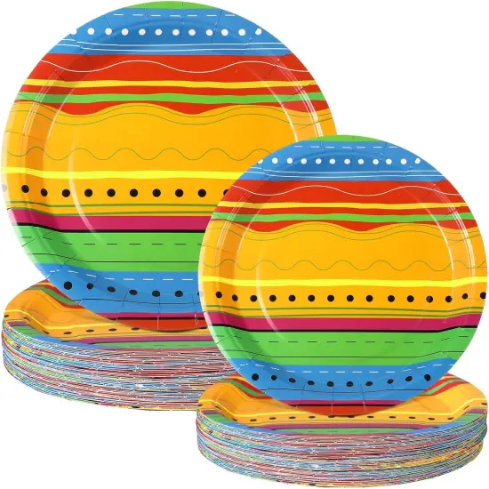100 Pack Mexican Independence Day Fiesta Paper Plates Colorful Stripes Dinner Plates and Mexican Serape Dessert Party favors for Birthday Taco Party Supplies {1}