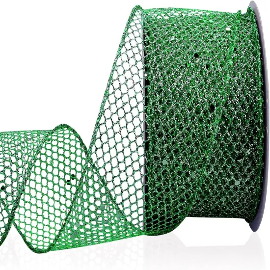 Green Glitter Mesh Ribbon for Gift Wrapping Bow Making Green Web Mesh Wired Mesh Ribbon {1}