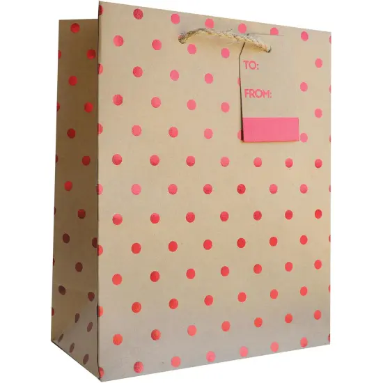 Pack/6: Red Dots on Kraft Gift Bag - 8 x 4 x 10" {1}