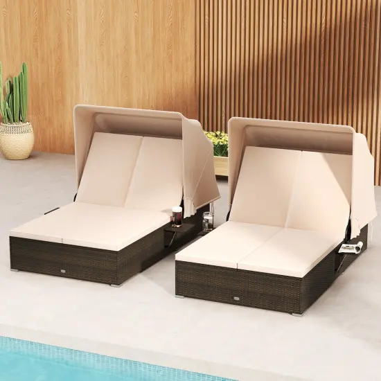 Double Chaise Lounge with Adjustable Backrests, Retractable Canopy & Cushions {3}