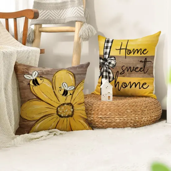 Spring Home Sweet Home Bee Sunflower Throw Pillow Covers, 18 x 18 Inch Love Lives Here Summer Stripes Polka Dots Cushion Case for Sofa Couch Set of 4 {3}